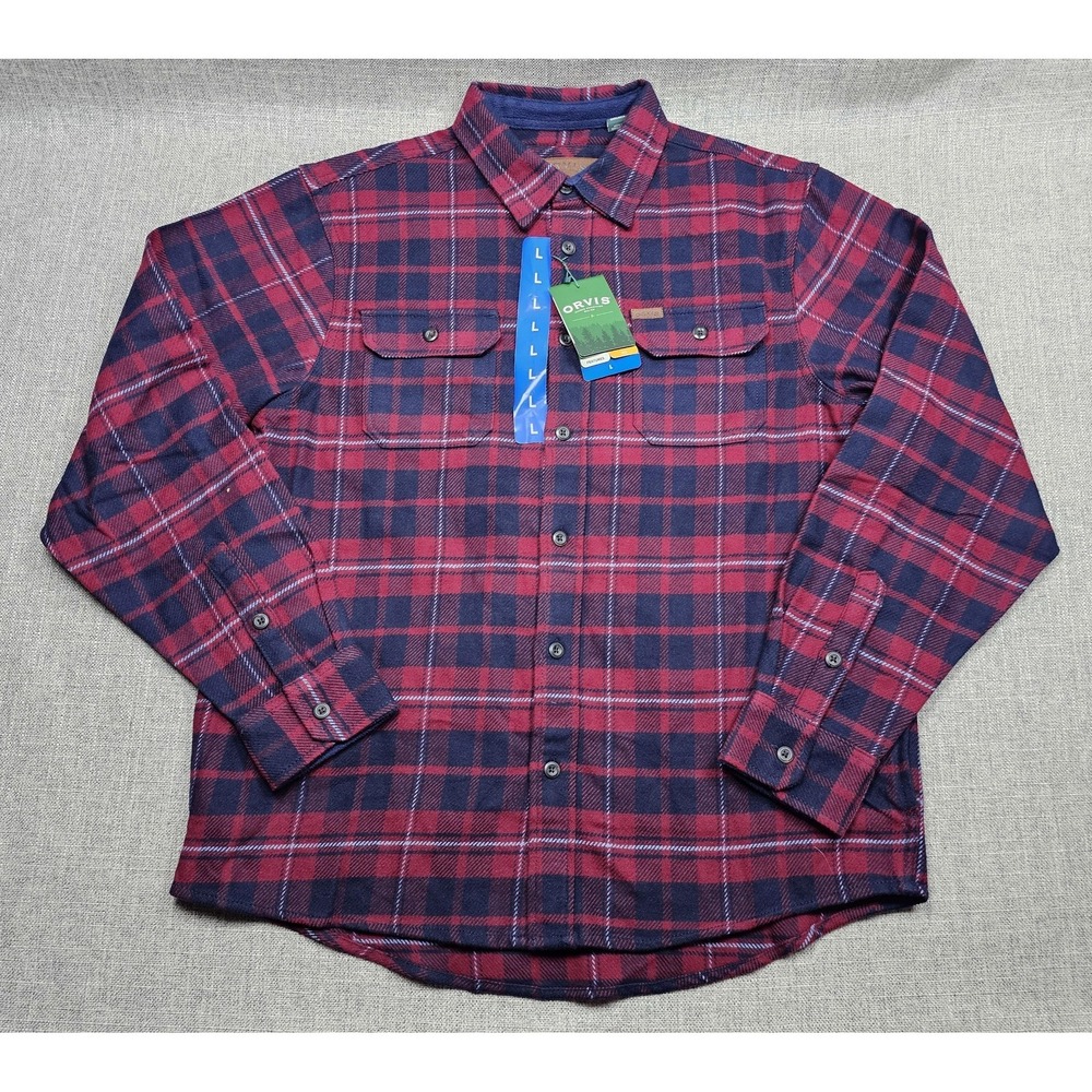 Orvis Shirt Mens Large Red Sangria Plaid Flannel Button Up Pockets Casual